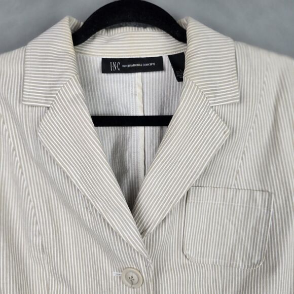 INC International Concepts Jacket Blazer Women L Tan White Stripe Casual Stretch - Picture 12 of 16